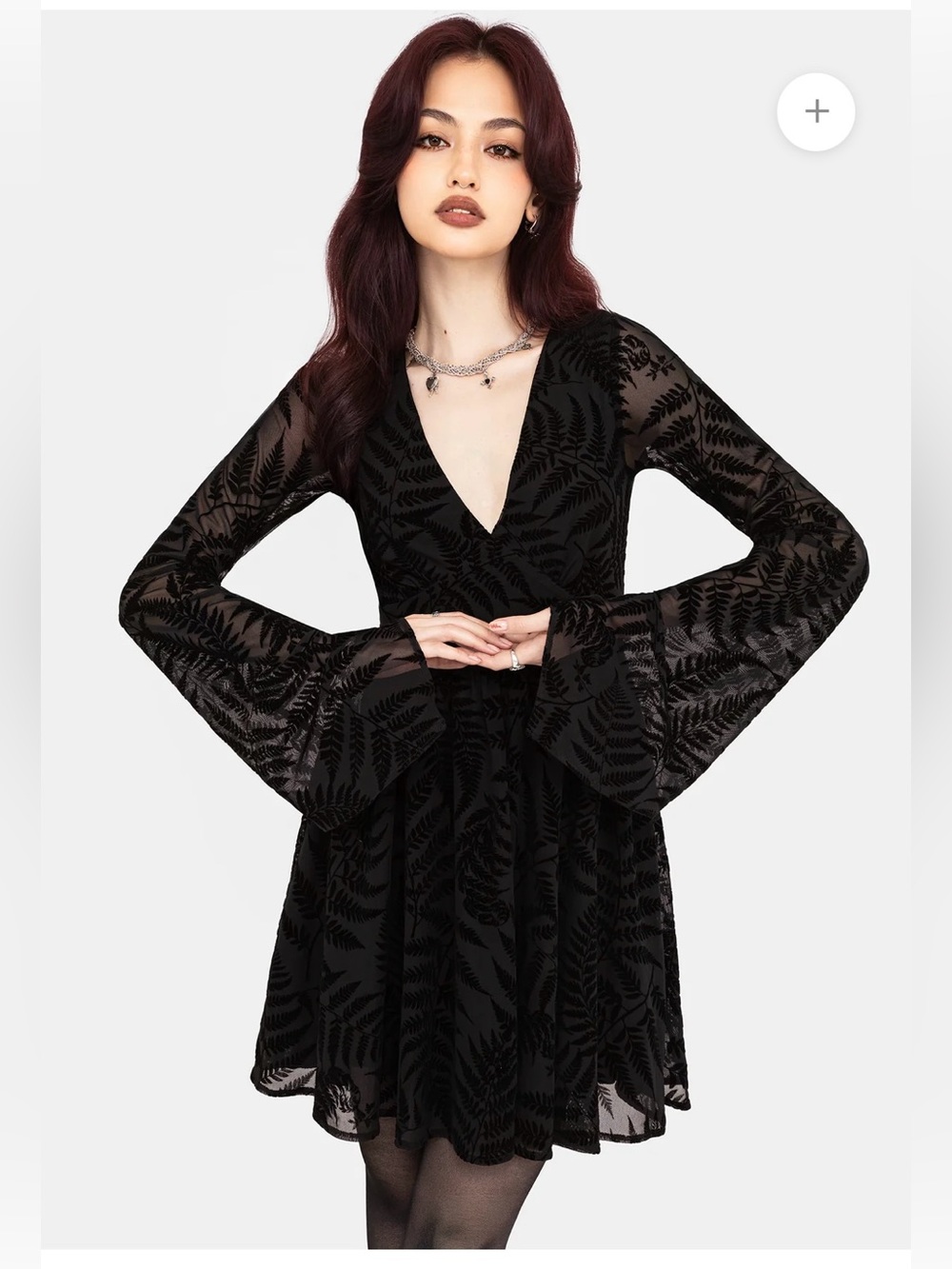 NWT Disturbia Lunafern Fern Leaf Flocked Mesh Flute Sleeve Black Mini Dress Sz 6 - Picture 4 of 13